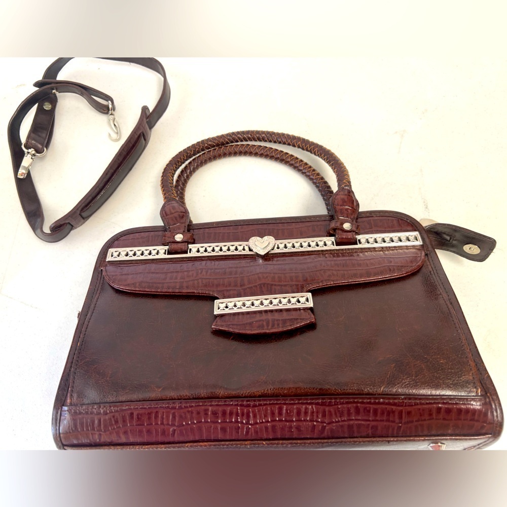 VINTAGE BROWN LEATHER HANDBAG W/SILVER ACCENTS. CROC TEXTURE BRAIDED HANDLES - Picture 2 of 10
